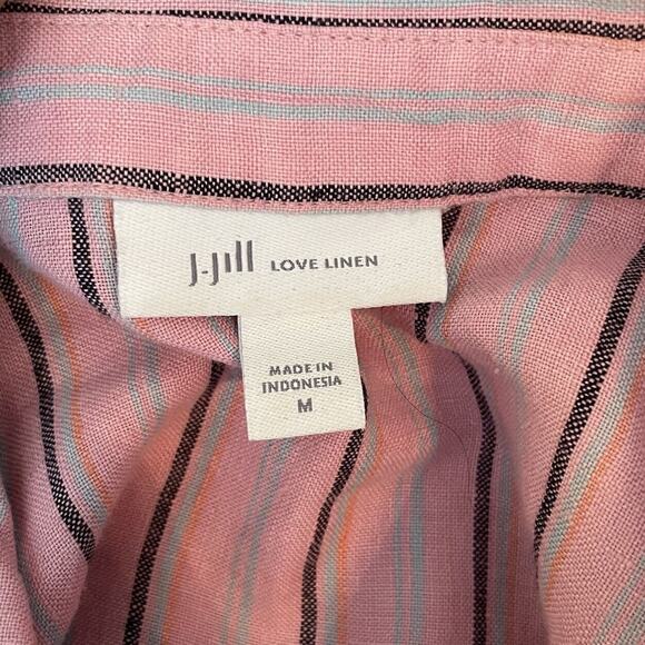 J. Jill Love Linen Shirt Dress MED Pink Stripe Button Front Tiered Ruffle Boho - Picture 10 of 12